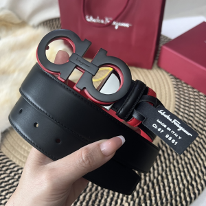 Ferragamo Gancini Plaque Leather Belt Black Red 35MM Ferragamo Gancini Plaque Leather Belt Black Red 35MM