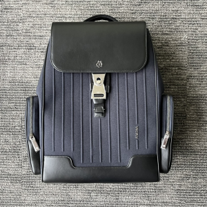 Rimowa Large Men Black Leather Trimmed and Blue Canvas Flap Backpack Rimowa Large Men Black Leather Trimmed and Blue Canvas Flap Backpack