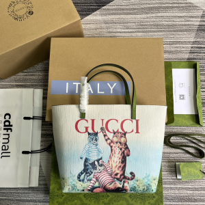 Gucci Kids Green Canvas Cat Print Tote Bag Gucci Kids Green Canvas Cat Print Tote Bag