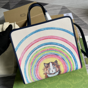 Gucci Kids White Canvas Rainbow Cat Print Tote Bag Gucci Kids White Canvas Rainbow Cat Print Tote Bag