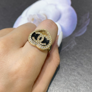 Chanel Crystal CC Logo Heart Rings