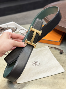 Hermes Brush Black Green Leather Belt 38MM