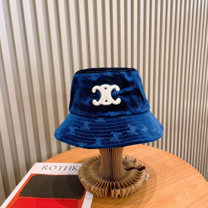 Celine Triomphe Logo Velvet Bucket Hat Blue