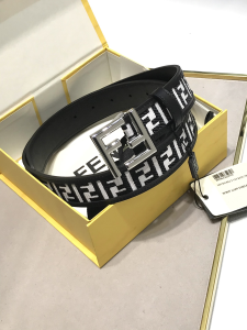 Fendi FF Logo Buckle Black Calf Leather and Canvas Belt 35MM Fendi FF Logo Buckle Black Calf Leather and Canvas Belt 35MM