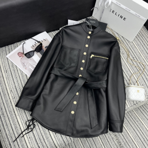 Balmain Black Leather Belted Waisted Overshirt Jacket Lace Up Details Balmain Black Leather Belted Waisted Overshirt Jacket Lace Up Details