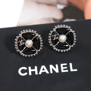 Chanel CC Black Flower Pendant Earrings