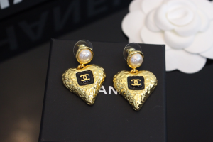 Chanel Gold Heart CC Black Earrings