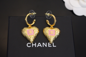 Chanel Gold Heart CC Logo Pink Earrings