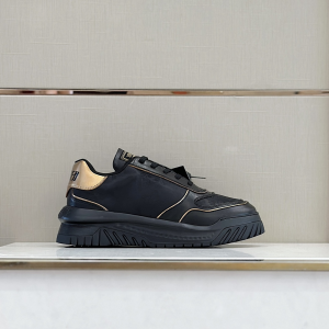Versace Odissea Logo Metallic Trim Black Gold Leather Chunky Low Top Sneakers Versace Odissea Logo Metallic Trim Black Gold Leather Chunky Low Top Sneakers