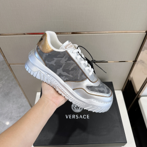 Versace Odissea Logo Metallic Trim Silver Leather Chunky Low Top Sneakers Versace Odissea Logo Metallic Trim Silver Leather Chunky Low Top Sneakers