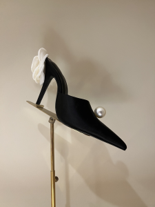 Magda Butrym Faux Pearl Flower Black Satin High Heeled Mules 105MM Magda Butrym Faux Pearl Flower Black Satin High Heeled Mules 105MM