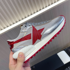 GOLDEN GOOSE Marathon Silver Leather and Red Nylon Trimmed Nylon Sneakers GOLDEN GOOSE Marathon Silver Leather and Red Nylon Trimmed Nylon Sneakers