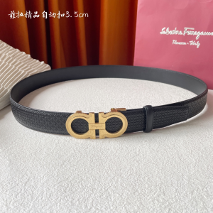 Ferragamo Gancini Logo Embossed Black Calfskin Leather Belt 35MM Ferragamo Gancini Logo Embossed Black Calfskin Leather Belt 35MM