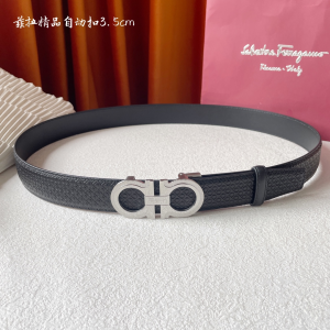 Ferragamo Gancini Logo Embossed Black Leather Belt 35MM Ferragamo Gancini Logo Embossed Black Leather Belt 35MM
