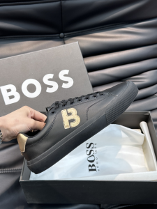 Boss Mens Aiden Low Top Black Leather Sneakers with Gold B Boss Mens Aiden Low Top Black Leather Sneakers with Gold B