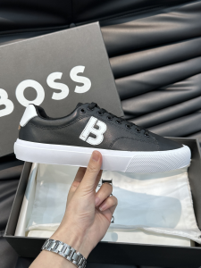 Boss Mens Aiden Low Top Black Leather Sneakers with White B Boss Mens Aiden Low Top Black Leather Sneakers with White B