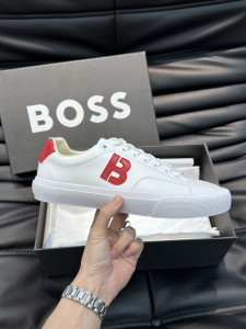 Boss Mens Aiden Low Top White Leather Sneakers with Red B Boss Mens Aiden Low Top White Leather Sneakers with Red B