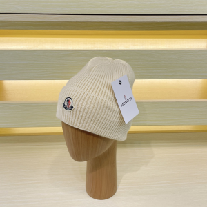 Moncler Logo Patch Knitted Beanie Cashmere Wool Cap Hat Beige Moncler Logo Patch Knitted Beanie Cashmere Wool Cap Hat Beige