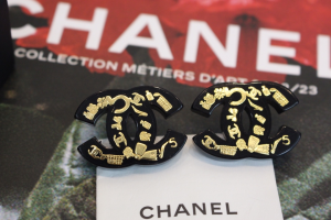 Chanel Black Gold PVC CC Logo Earrings