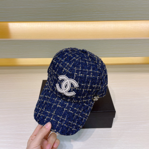 Chanel CC Logo Blue Tweed Baseball Cap Hat