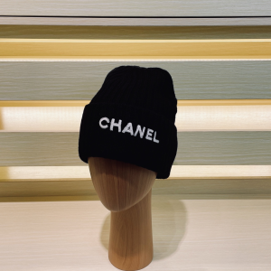 Chanel Logo Black Knit Wool Beanie Hat
