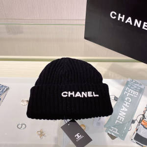 Chanel Logo Black Knit Wool Beanie Hat