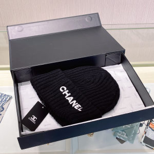 Chanel Logo Black Knit Wool Beanie Hat