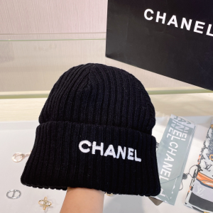 Chanel Logo Black Knit Wool Beanie Hat