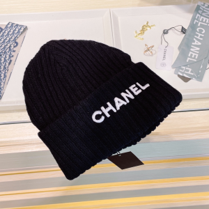 Chanel Logo Black Knit Wool Beanie Hat
