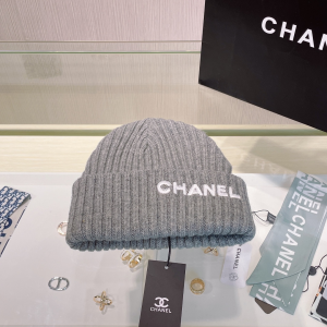 Chanel Logo Grey Knit Wool Beanie Hat