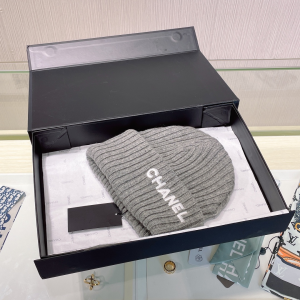 Chanel Logo Grey Knit Wool Beanie Hat