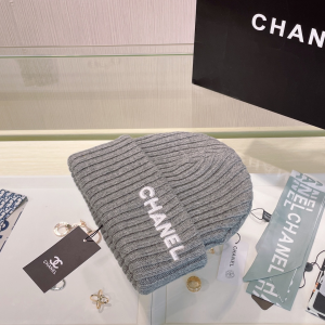 Chanel Logo Grey Knit Wool Beanie Hat