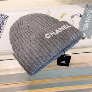 Chanel Logo Grey Knit Wool Beanie Hat