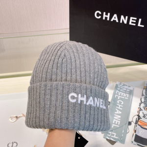 Chanel Logo Grey Knit Wool Beanie Hat