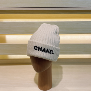 Chanel Logo White Knit Wool Beanie Hat
