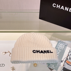 Chanel Logo White Knit Wool Beanie Hat