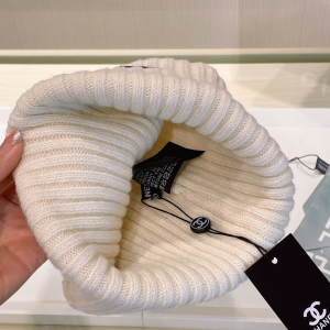 Chanel Logo White Knit Wool Beanie Hat