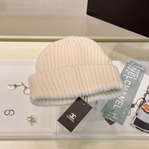 Chanel Logo White Knit Wool Beanie Hat