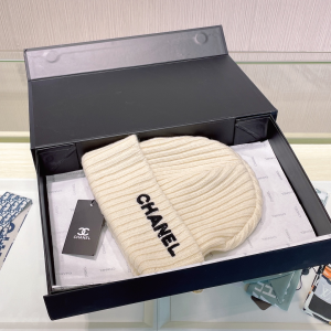 Chanel Logo White Knit Wool Beanie Hat