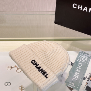 Chanel Logo White Knit Wool Beanie Hat
