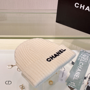 Chanel Logo White Knit Wool Beanie Hat