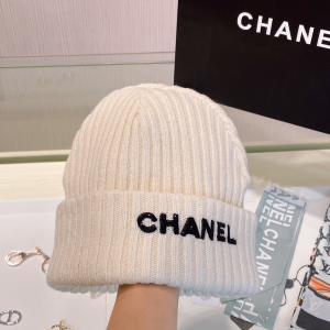 Chanel Logo White Knit Wool Beanie Hat