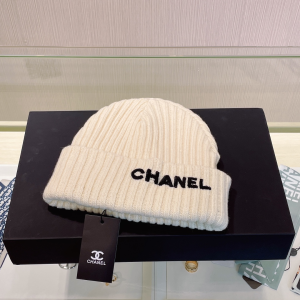 Chanel Logo White Knit Wool Beanie Hat