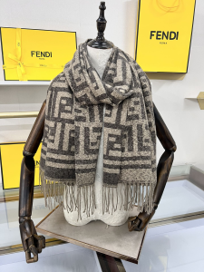 Fendi FF Logo Cashmere Knit Wool Shawl Scarf Gray Beige Fendi FF Logo Cashmere Knit Wool Shawl Scarf Gray Beige