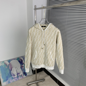 Fendi Beige FF Zucca Monogram Drawstring Hoodie Knit Knitted Sweaters Fendi Beige FF Zucca Monogram Drawstring Hoodie Knit Knitted Sweaters