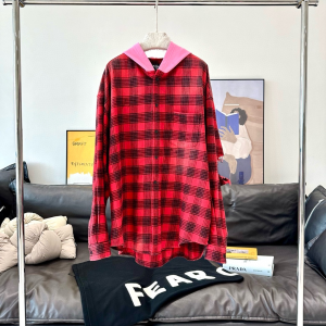 Balenciaga Hooded Distressed Flannel Shirt Red Balenciaga Hooded Distressed Flannel Shirt Red