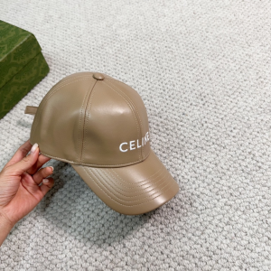 Celine Logo Beige Leather Baseball Hat