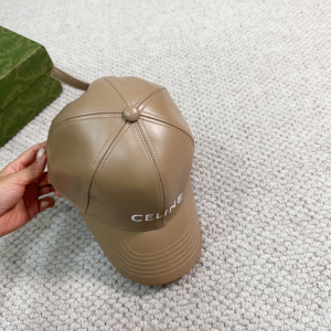 Celine Logo Beige Leather Baseball Hat