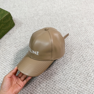 Celine Logo Beige Leather Baseball Hat