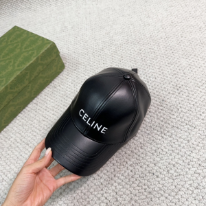 Celine Logo Black Leather Baseball Hat